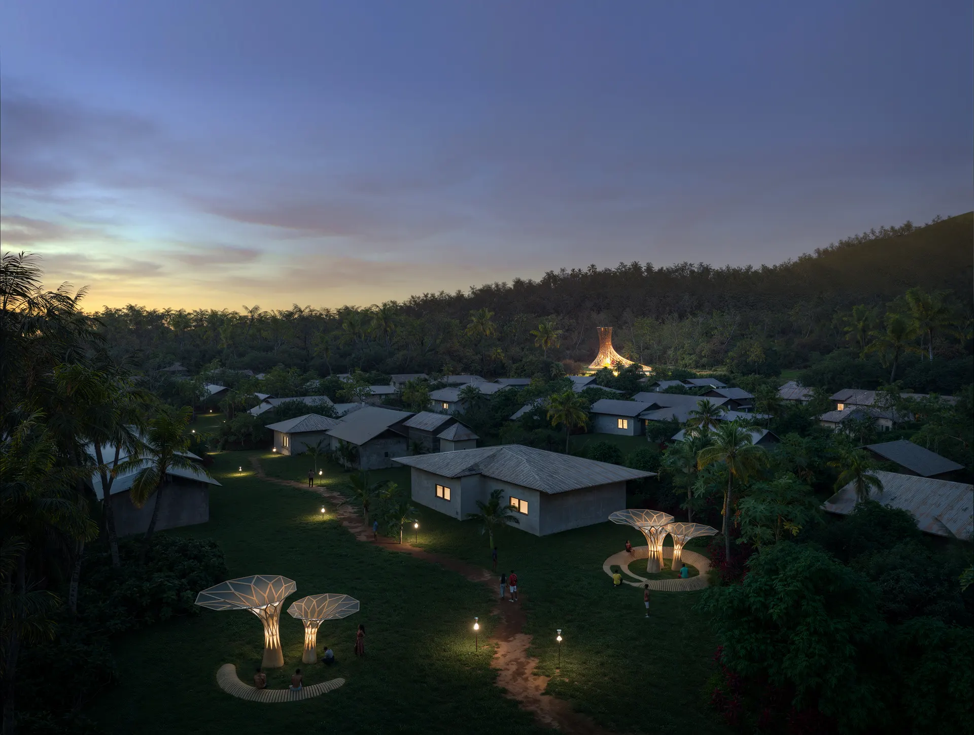 Life, dusk over the village, the parasols lit
